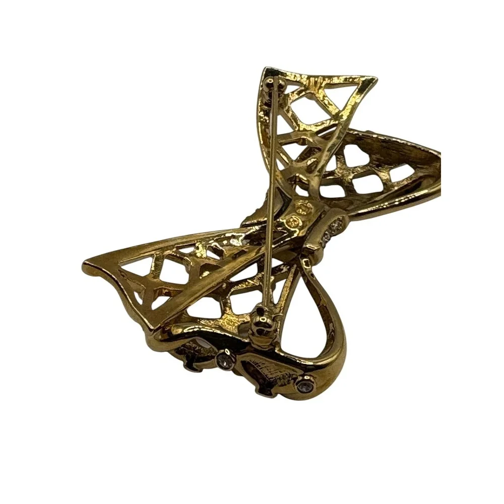 Swan Signed SWAROVSKI Open Bow Brooch Pin Icy Clear Crystals‎ Gold Tone Ribbon